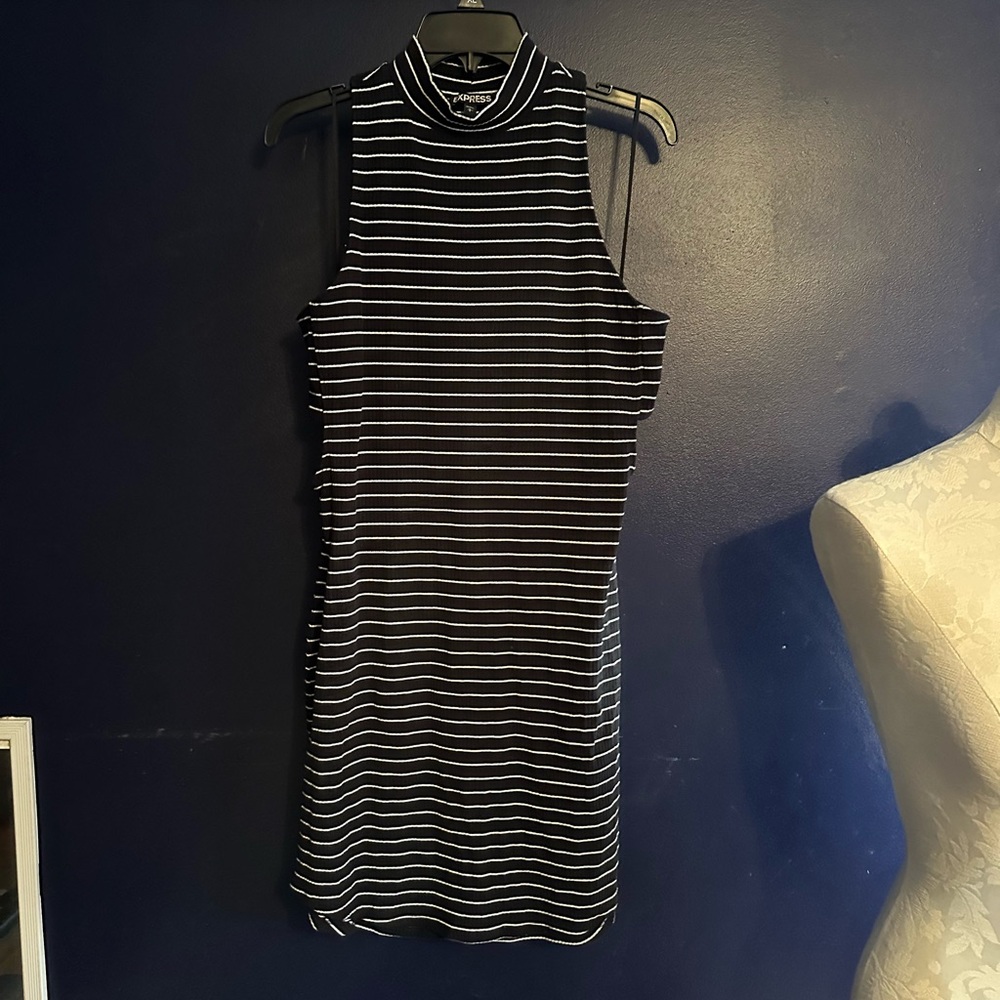 Express Black & White Striped Ribbed Mock Neck Dress Size Large